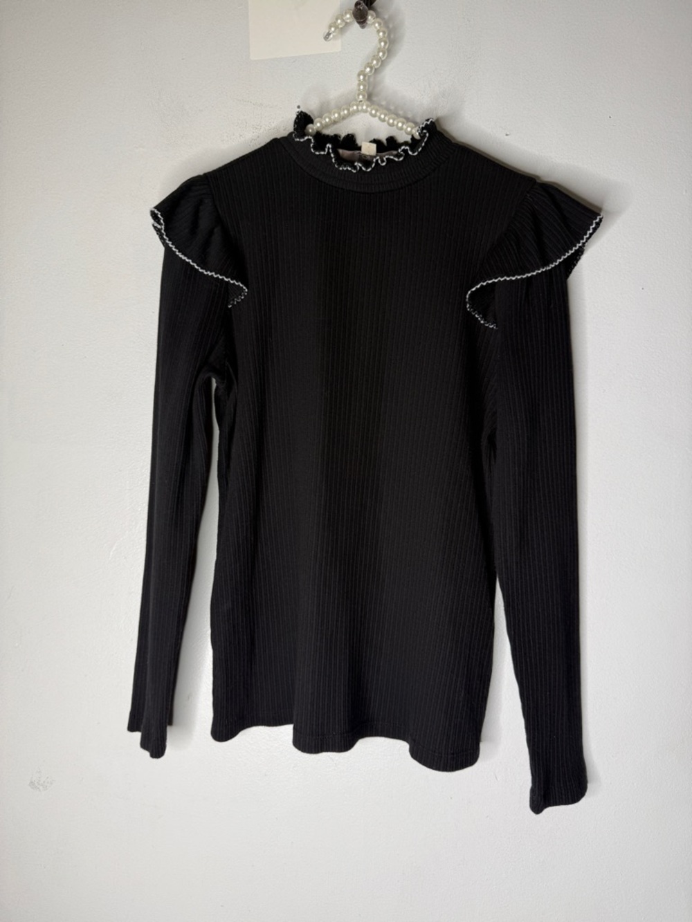 Loft Ruffle Mock Neck Black Sweater Pullover Womens Sz L Cozy Classic Girly